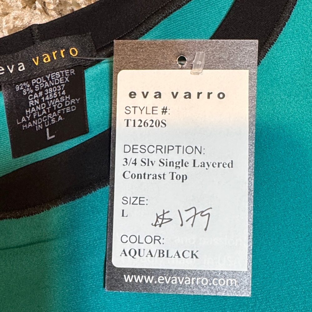 NWT Eva Varro 3/4 Sleeve Contrast Top Teal & Black Lace - Picture 6 of 8